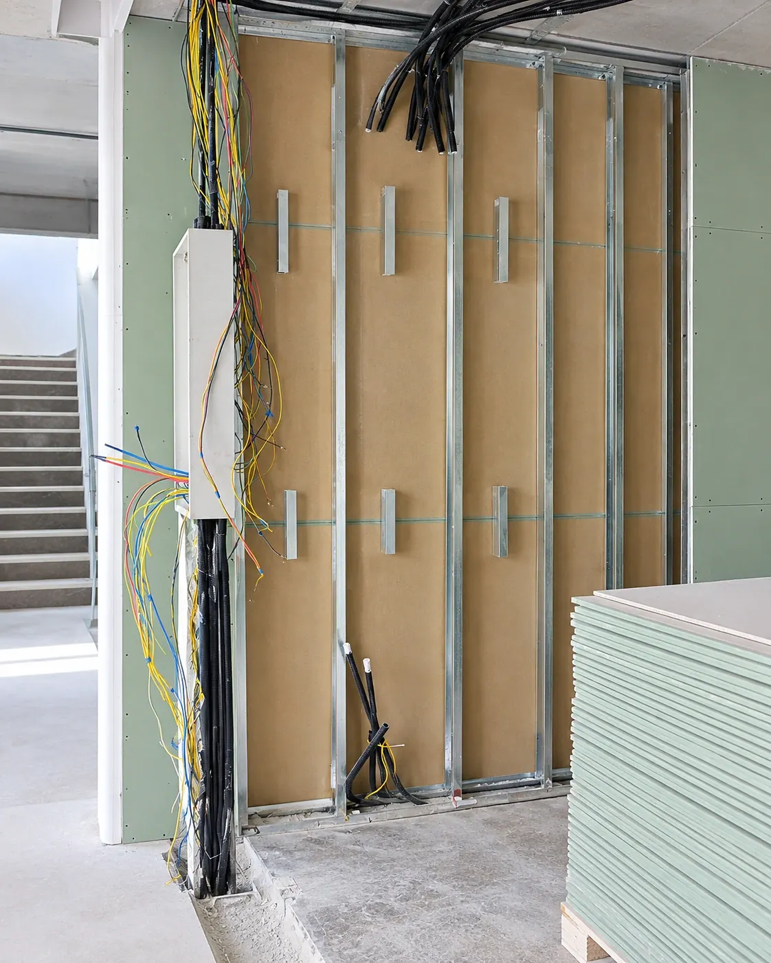 Gypsum partition framing with electrical containment run through it before boarding