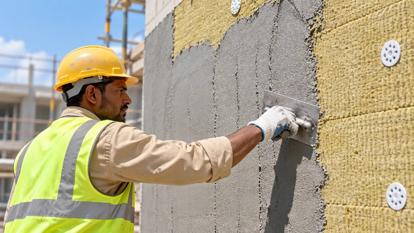 Operative trowelling reinforced basecoat over mineral-wool insulation boards fixed to a facade