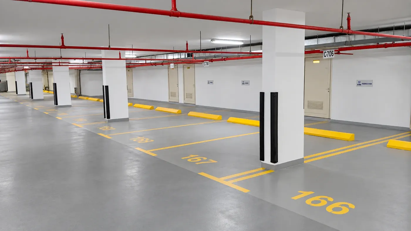 Basement car park with a grey epoxy floor coating, yellow bay markings, numbering and wheel stops