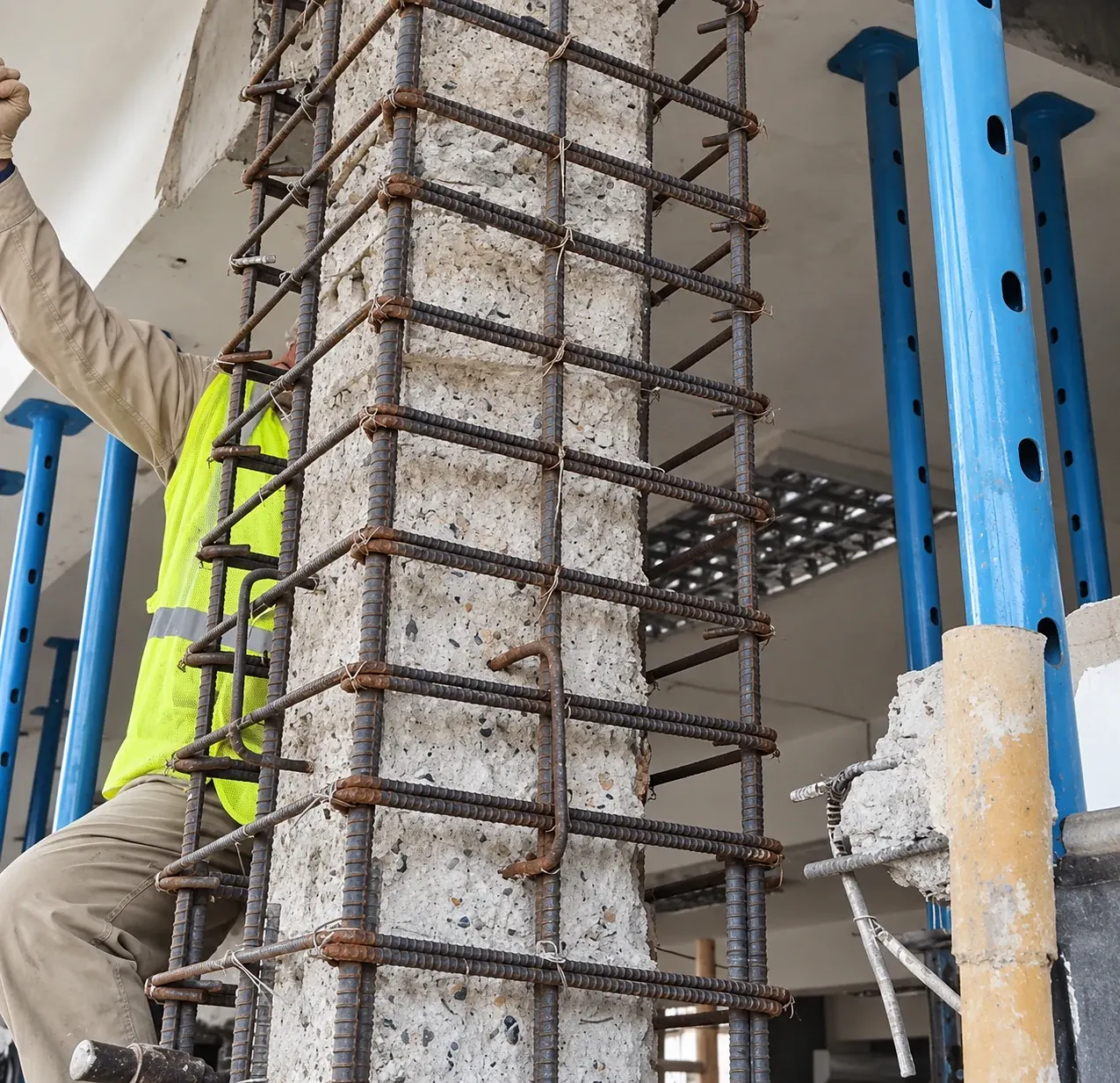 Concrete column being strengthened with a new reinforcement cage, with temporary props supporting the slab