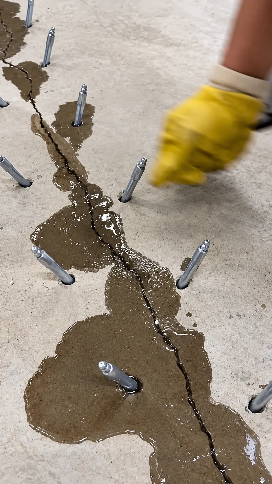 Injection packers set along a crack in a concrete slab with resin being injected