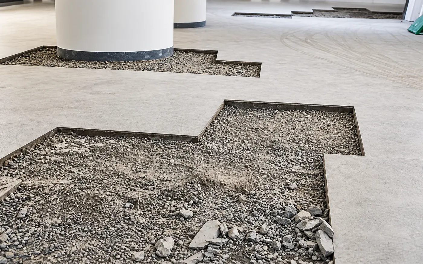 Damaged areas of a concrete floor saw-cut to clean edges and broken out ready for repair