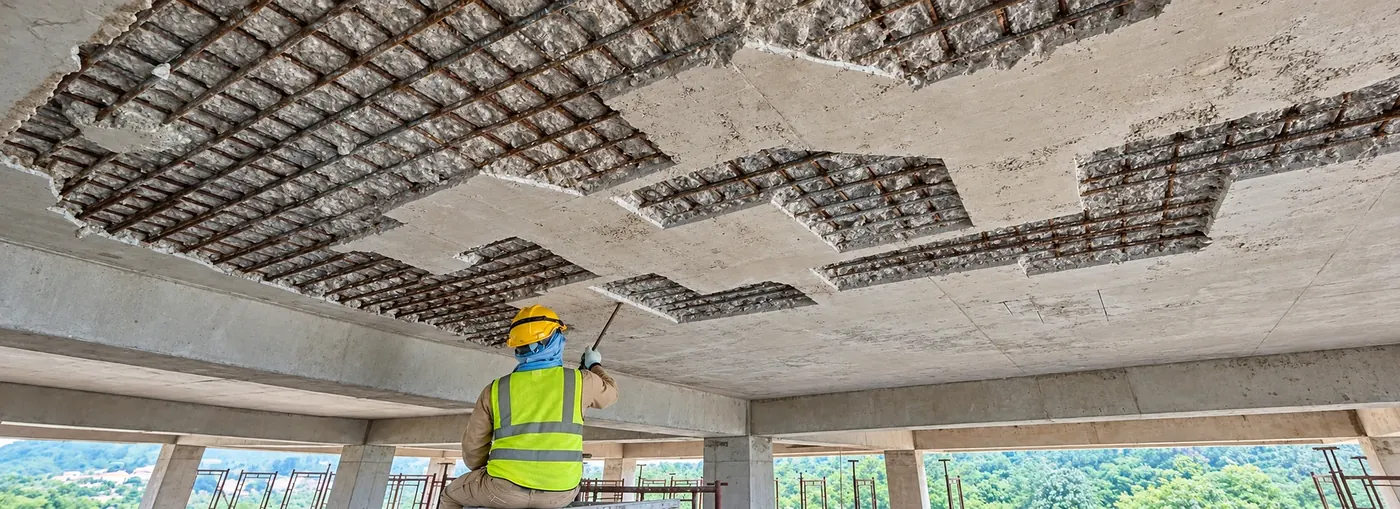 Technician inspecting a concrete slab soffit broken out to expose the reinforcement for repair