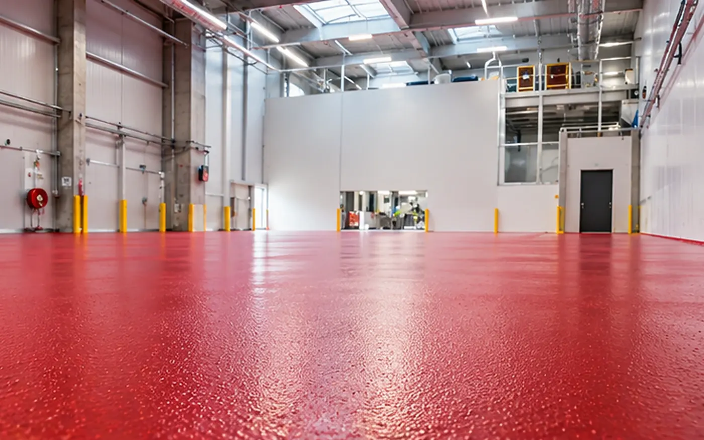 Seamless high-gloss red heavy-duty Ucrete floor in a large industrial hall