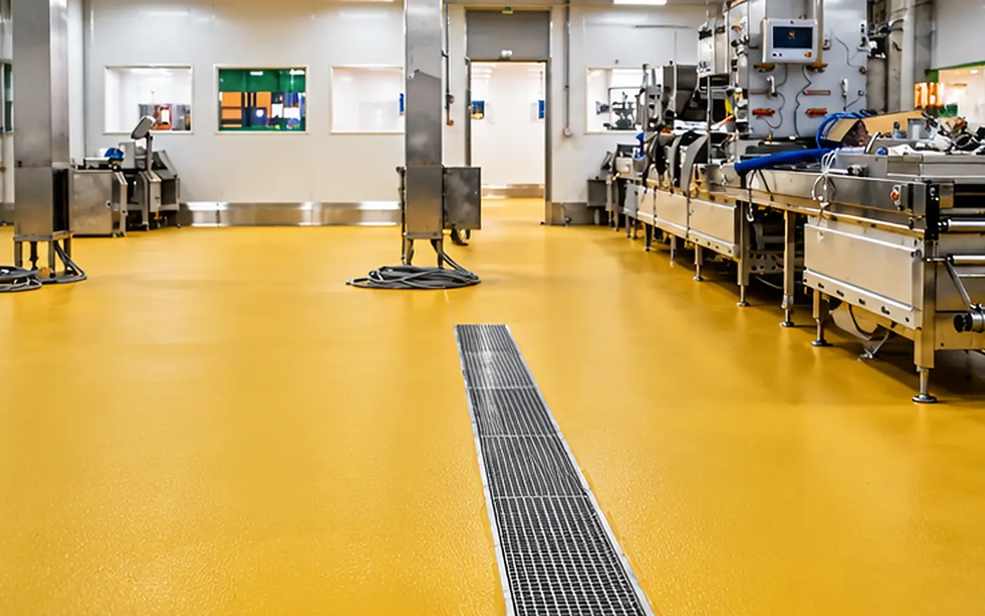 Hygienic yellow Ucrete floor with a stainless drainage channel along a food-processing production line