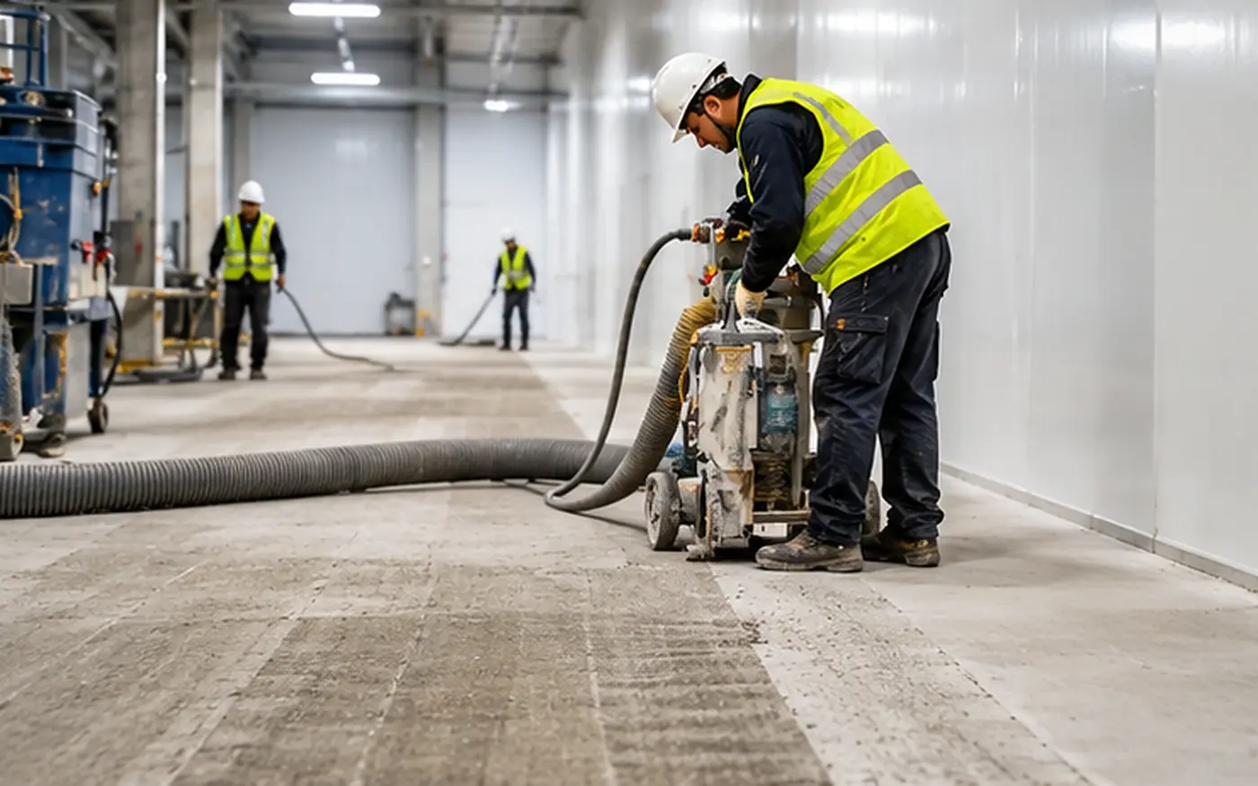Operative shot-blasting and grinding a concrete substrate with dust extraction to prepare it for a Ucrete floor