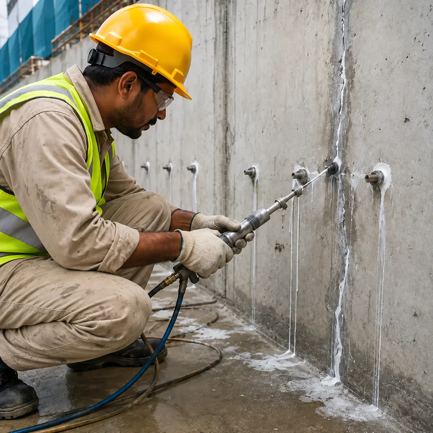 Technician injecting resin through packers to seal a leaking concrete wall